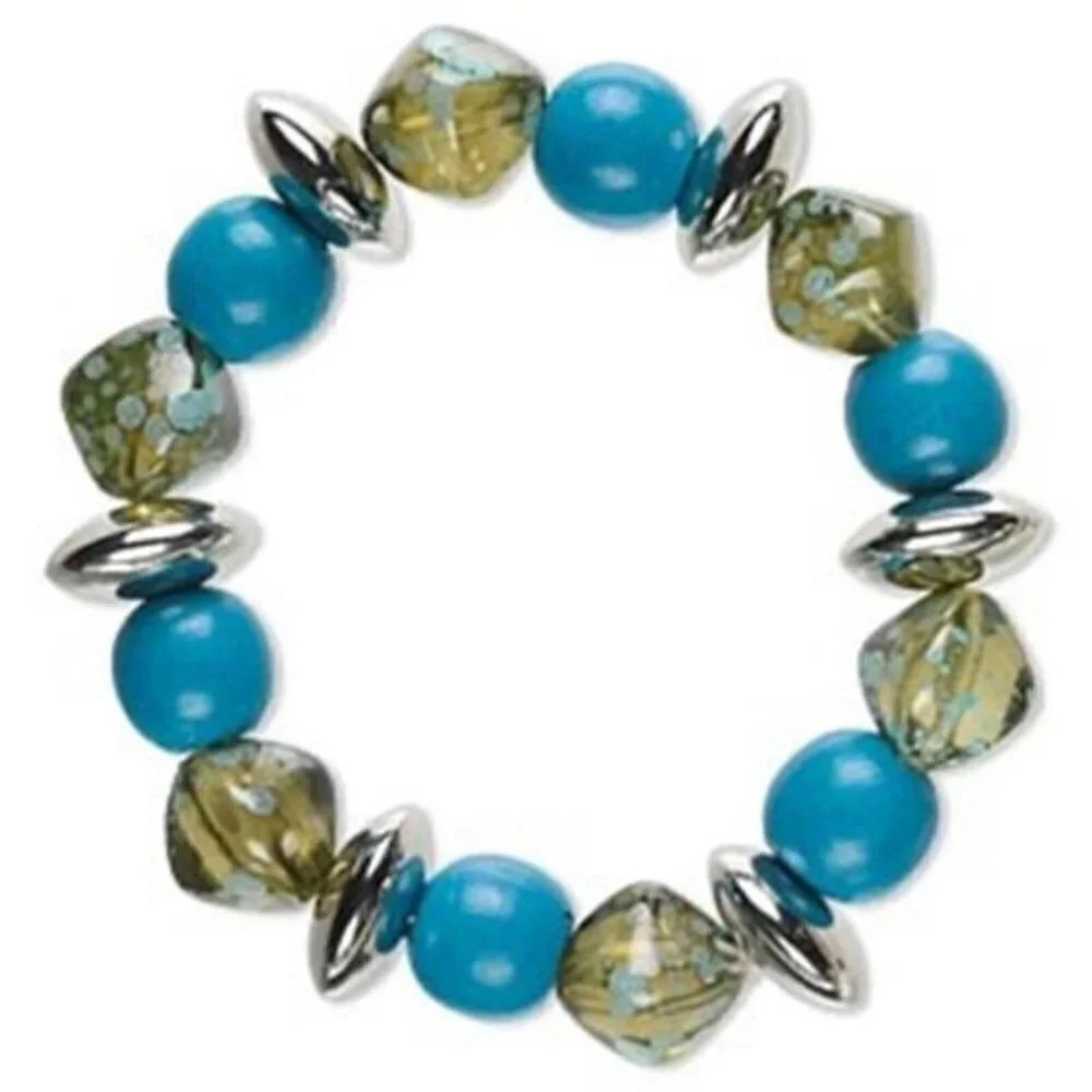 Vintage 90s Y2K Chunky Green Blue Silver Acrylic and Wood Beads Stretch Bracelet